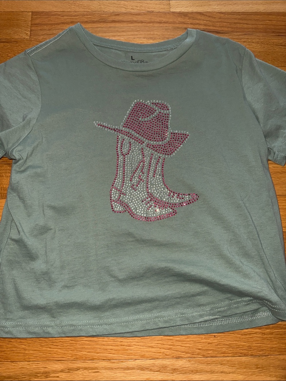 Women’s Sage Green Crop Top with Rhinestone Cowboy Boot Motif